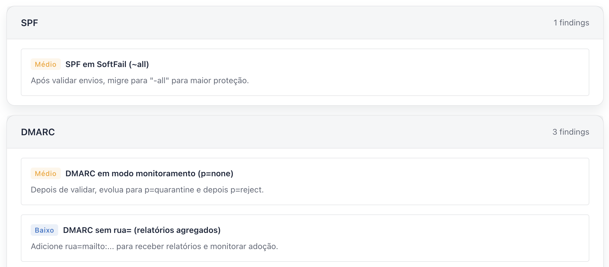 Exemplo demonstrativo da análise de SPF e DMARC no Mail Check